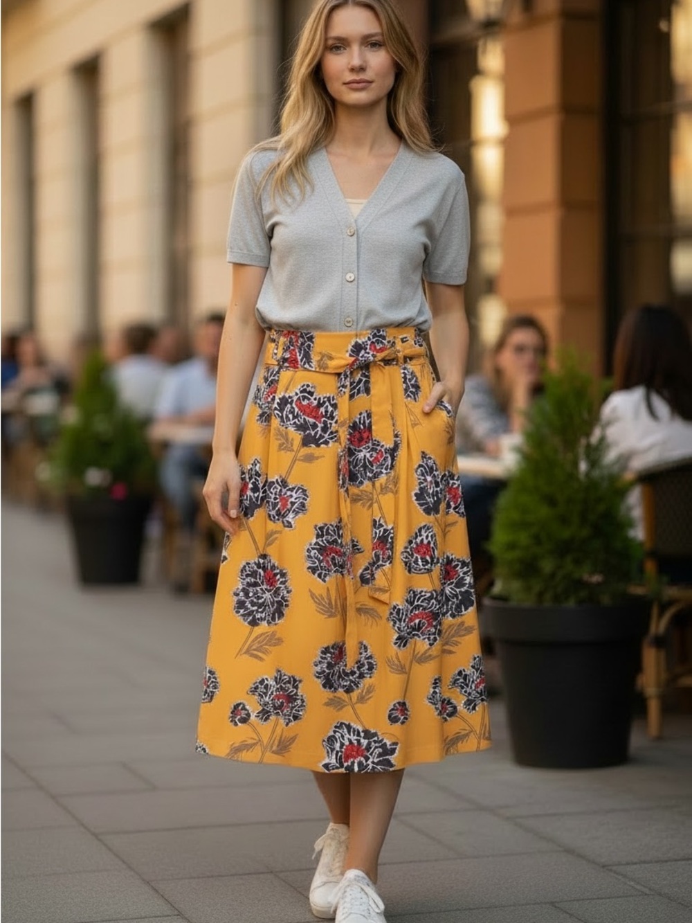 Banana Republic Mustard Yellow Floral Top with Gray and Red Accents